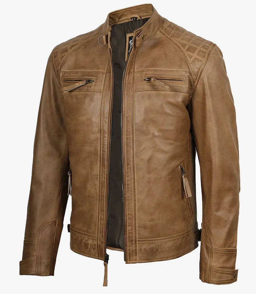 Herren-Lederjacke im Biker-Stil mit gesteppter Schulterpartie in Kamelbraun