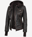 Women's Distressed Brown Bomber Leather Jacket with Removable Hood