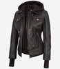 Women's Distressed Brown Bomber Leather Jacket with Removable Hood