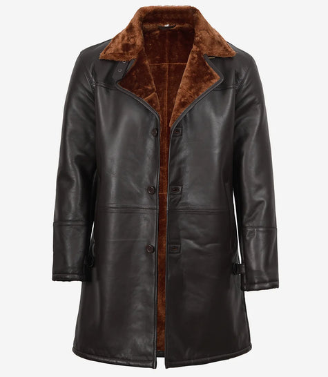 Mens 3/4 Length Dark Brown Leather Shearling Coat