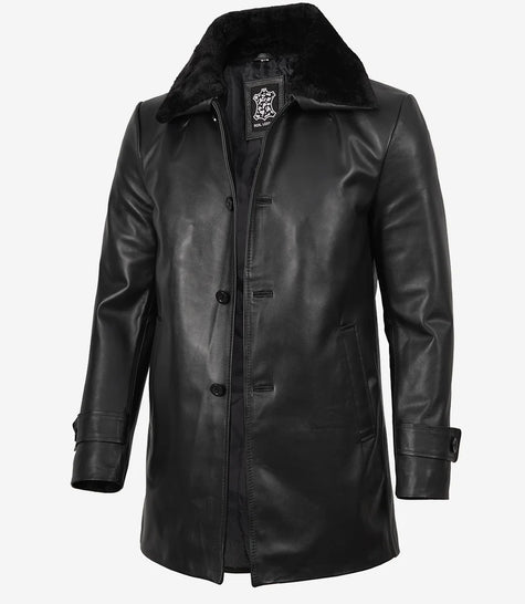 Men's Black Leather 3/4 Length Coat with Fur Collar