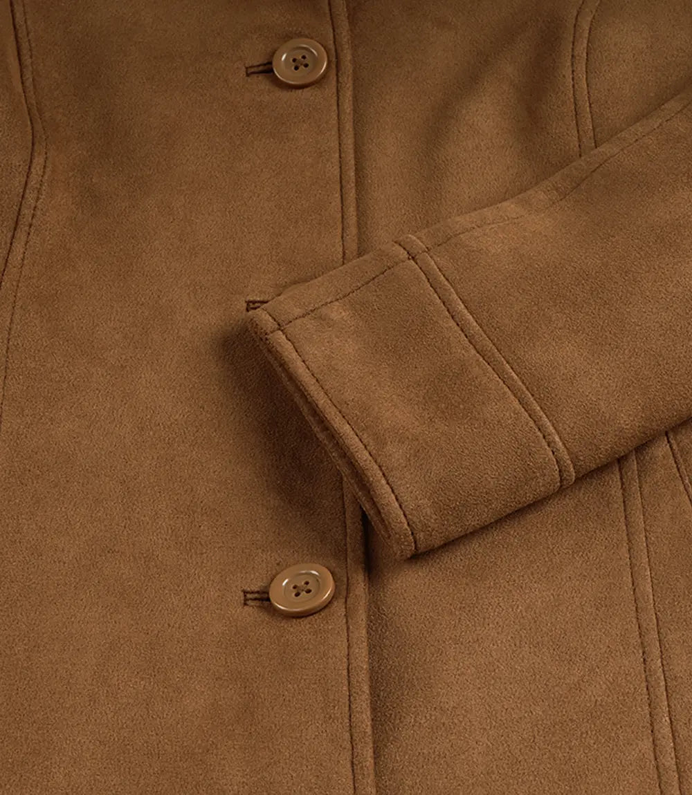 Women's 3/4 Length Button Down Light Brown Faux Suede Coat
