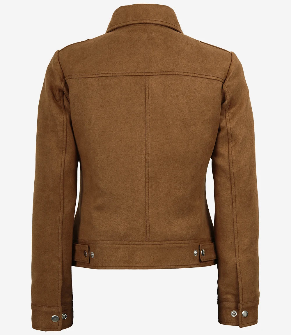 Womens Shirt Collar Light Brown Faux Suede Jacket