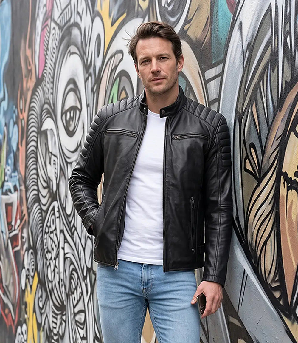 Schwarze Lederjacke im Biker-Stil für Herren
