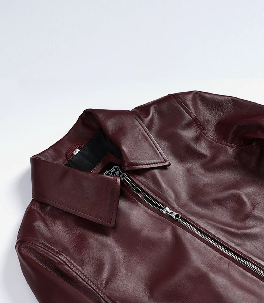 Womens Maroon Waxed Shirt Collar Harrington Leather Jacket