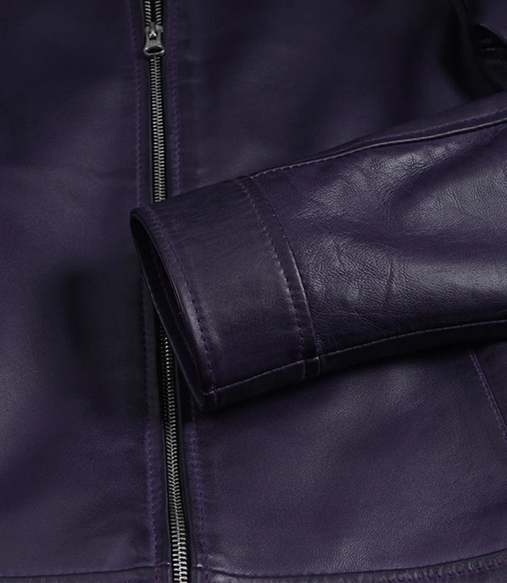 Women's Purple Waxed Shirt Collar Harrington Leather Jacket