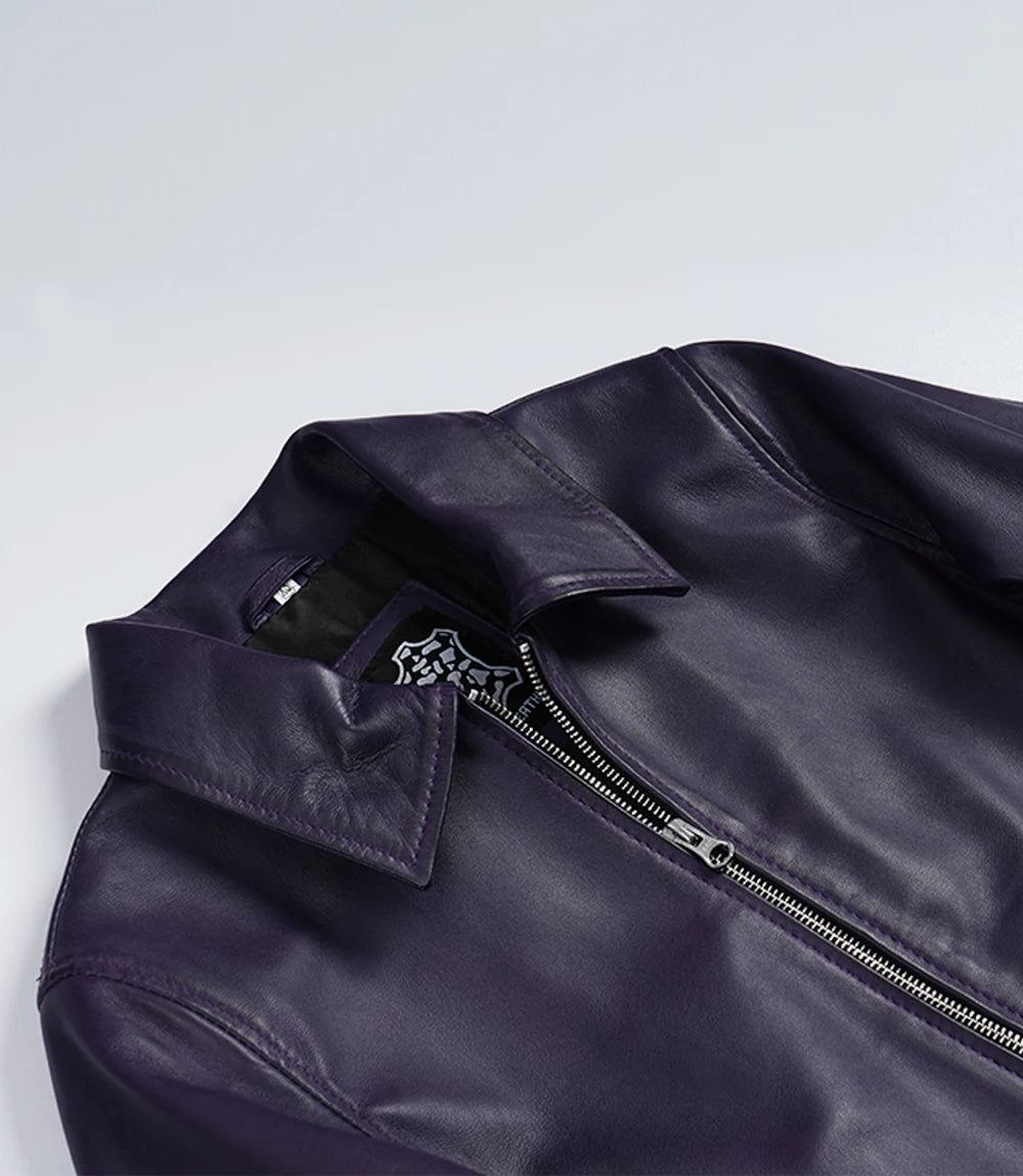 Women's Purple Waxed Shirt Collar Harrington Leather Jacket