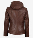Womens Asymmetrical Brown Biker Style Leather Jacket with Hood