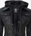 The Celeste: Womens Black Bomber Leather Jacket with Removable Hood