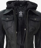 The Celeste: Womens Black Bomber Leather Jacket with Removable Hood