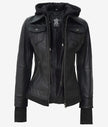 The Celeste: Womens Black Bomber Leather Jacket with Removable Hood