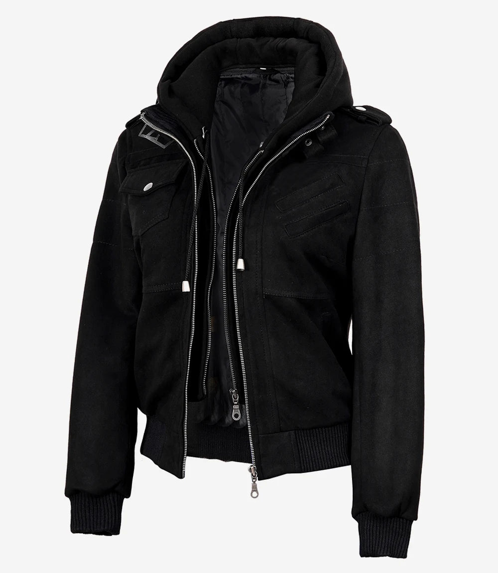 Women's Black Faux Suede Hooded Bomber Jacket
