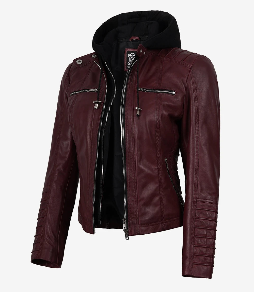 Women's Maroon Waxed Leather Hooded Biker Jacket