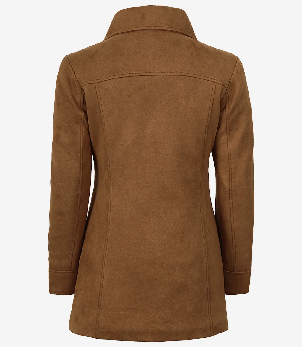 Women's 3/4 Length Button Down Light Brown Faux Suede Coat