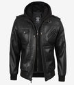 Schwarze Bomberjacke aus Leder für Herren mit abnehmbarer Kapuze