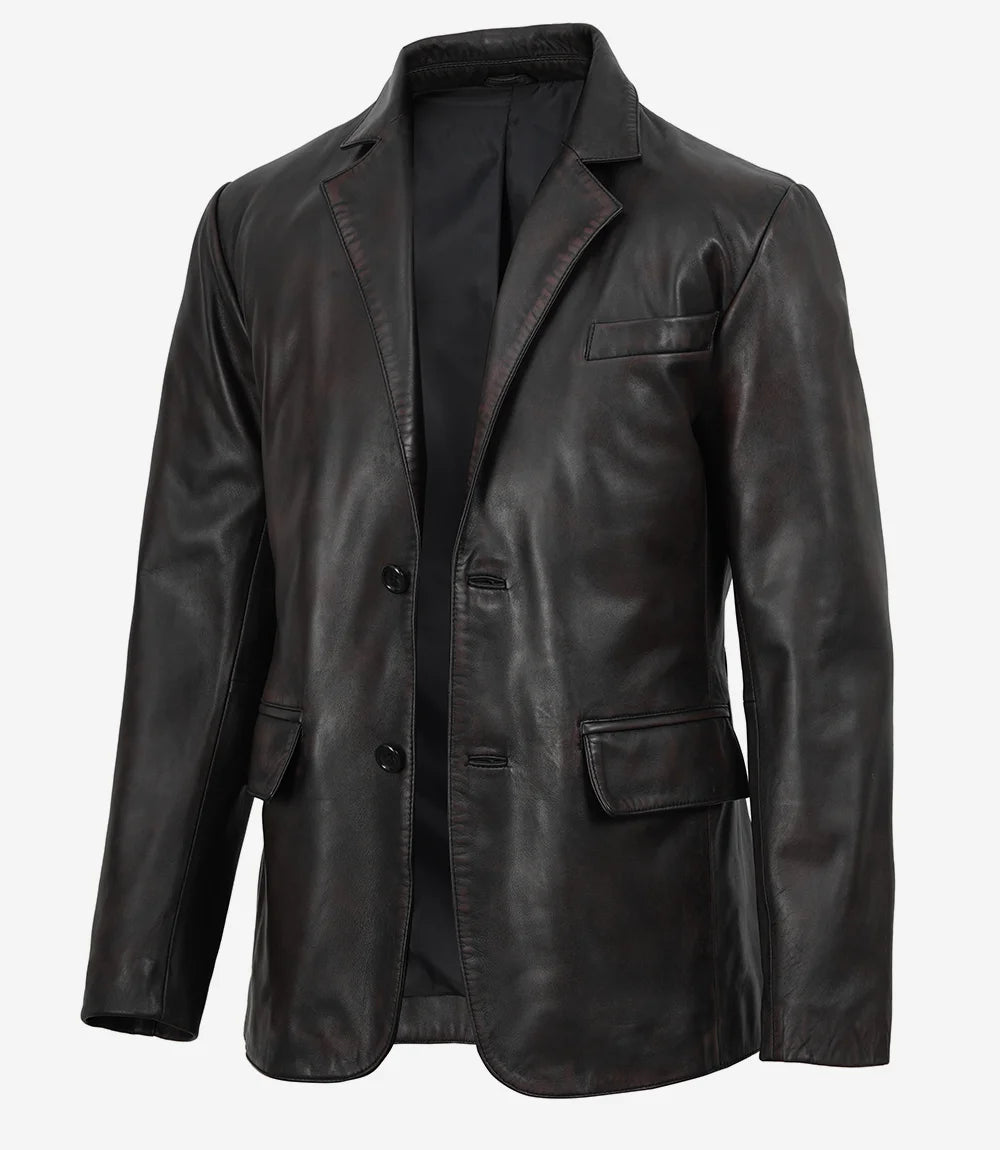 Juan Men's Two Toned Maroon Distressed Black Leather Blazer