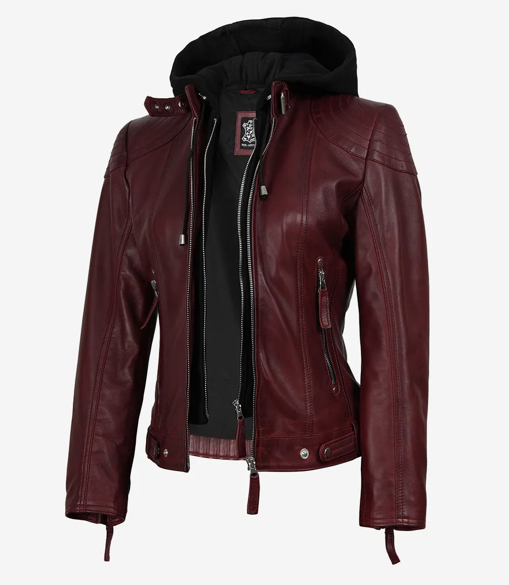 Women’s Maroon Waxed Real Leather Jacket with Removable Hood