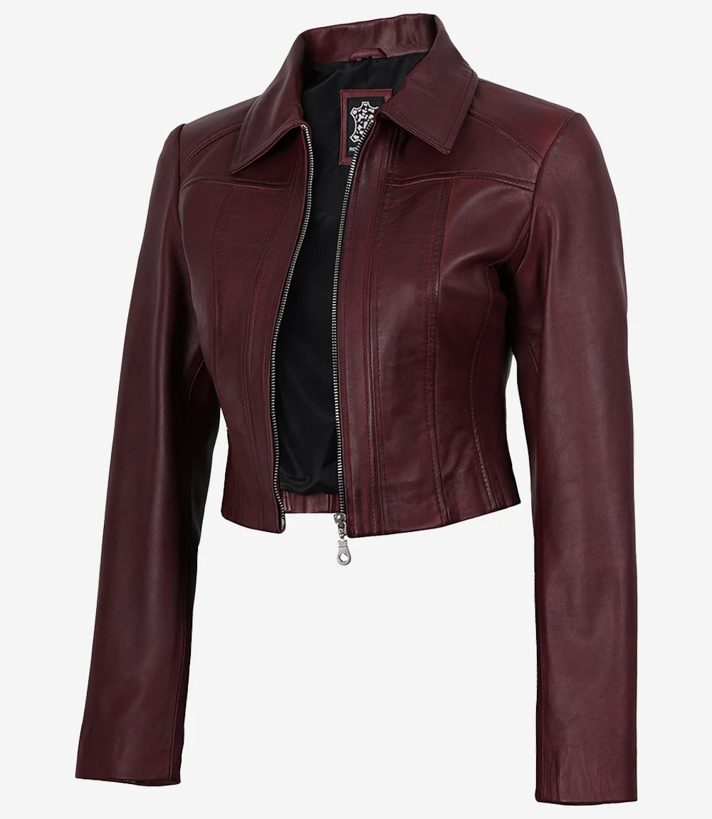 Women's Maroon Waxed Leather Cropped Jacket