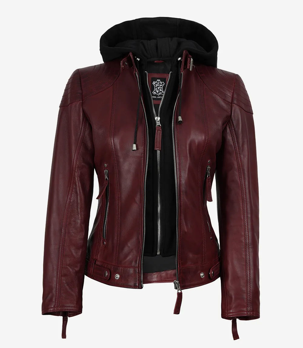 Women’s Maroon Waxed Real Leather Jacket with Removable Hood