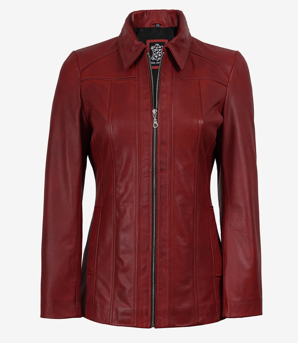 Marsha Women’s Red Leather Walking Coat – Shirt Collar