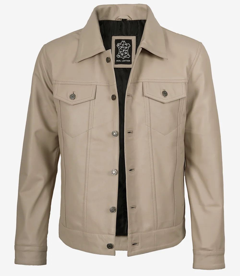 Beige Truckerjacke aus echtem Lammleder für Herren