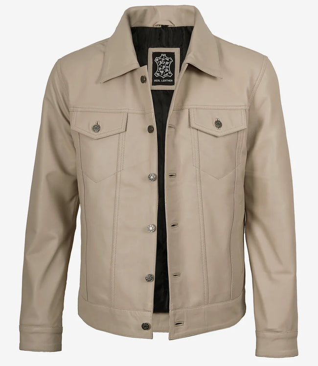Beige Truckerjacke aus echtem Lammleder für Herren