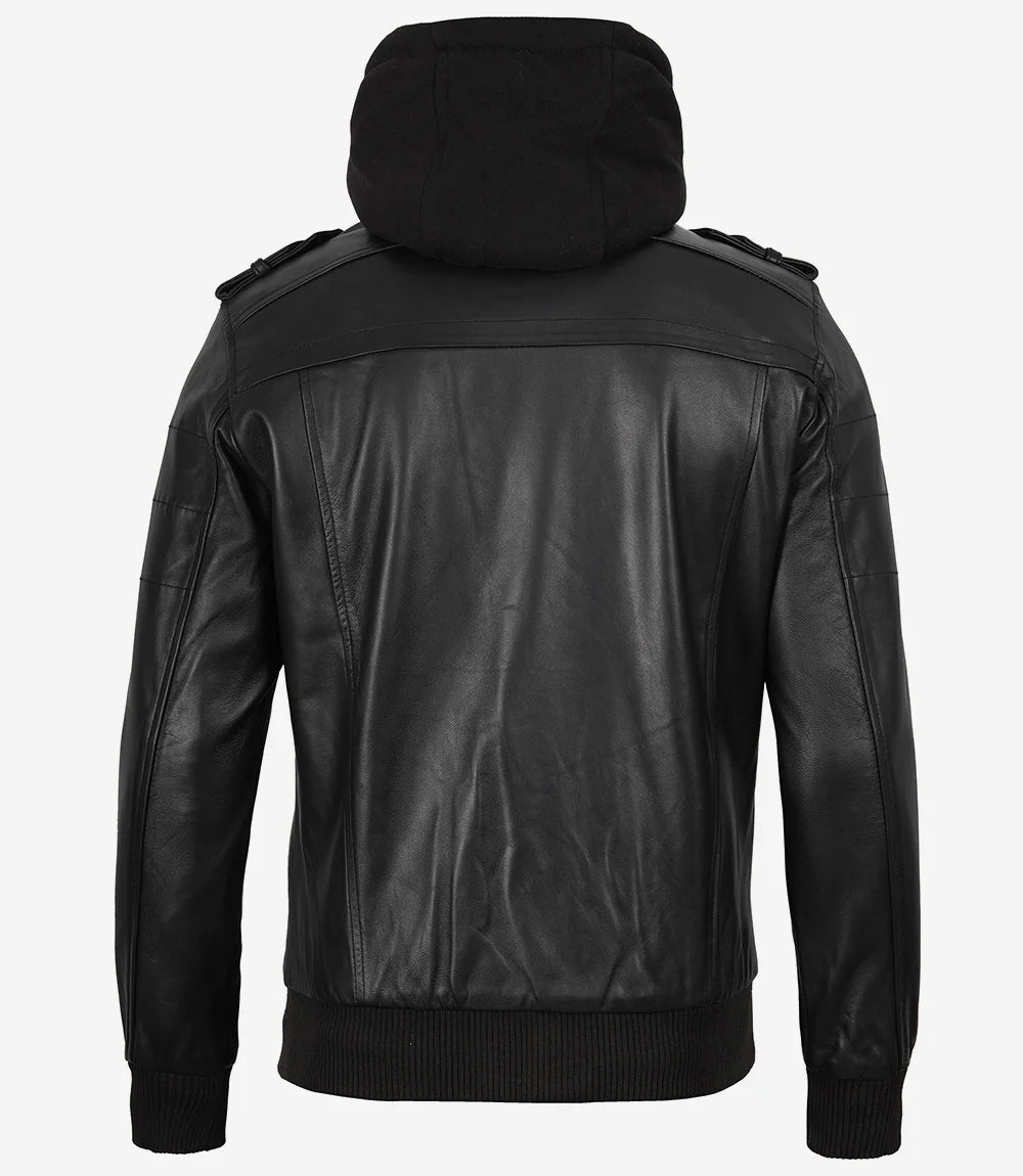 Schwarze Bomberjacke aus Leder für Herren mit abnehmbarer Kapuze