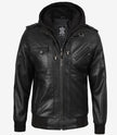 Schwarze Bomberjacke aus Leder für Herren mit abnehmbarer Kapuze