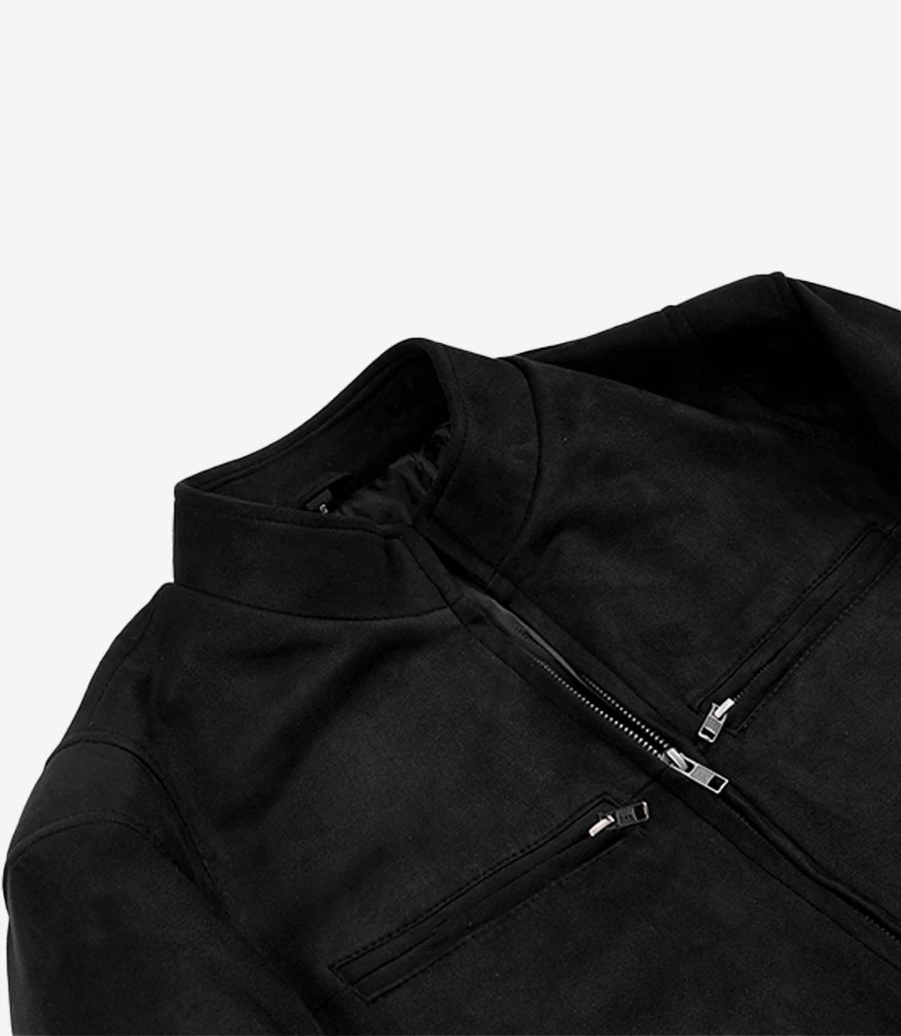 Men's Black Faux Suede Biker Style Jacket – Erect Collar Zip Closure