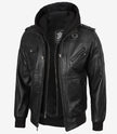 Schwarze Bomberjacke aus Leder für Herren mit abnehmbarer Kapuze