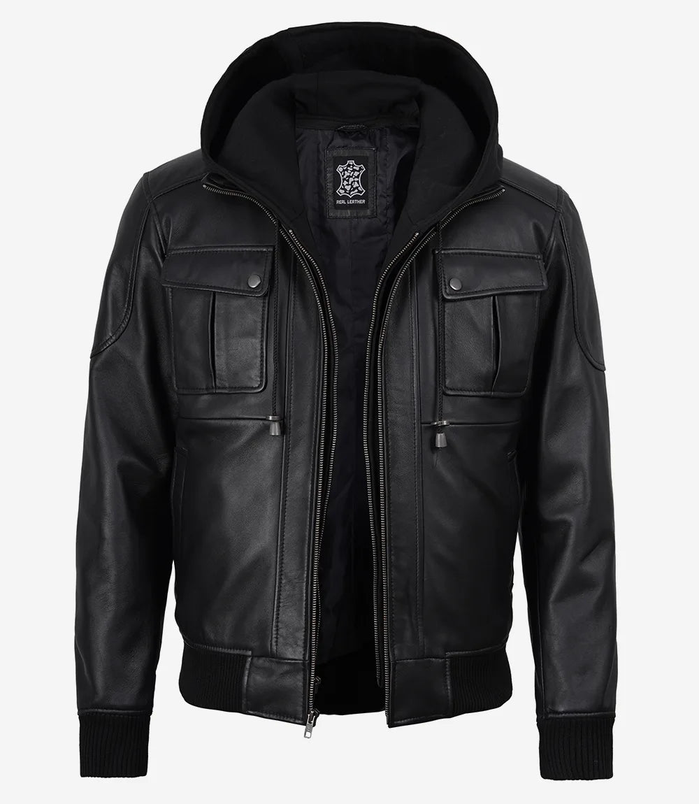 Men's Black Real Leather Bomber Jacket – Detachable Hood