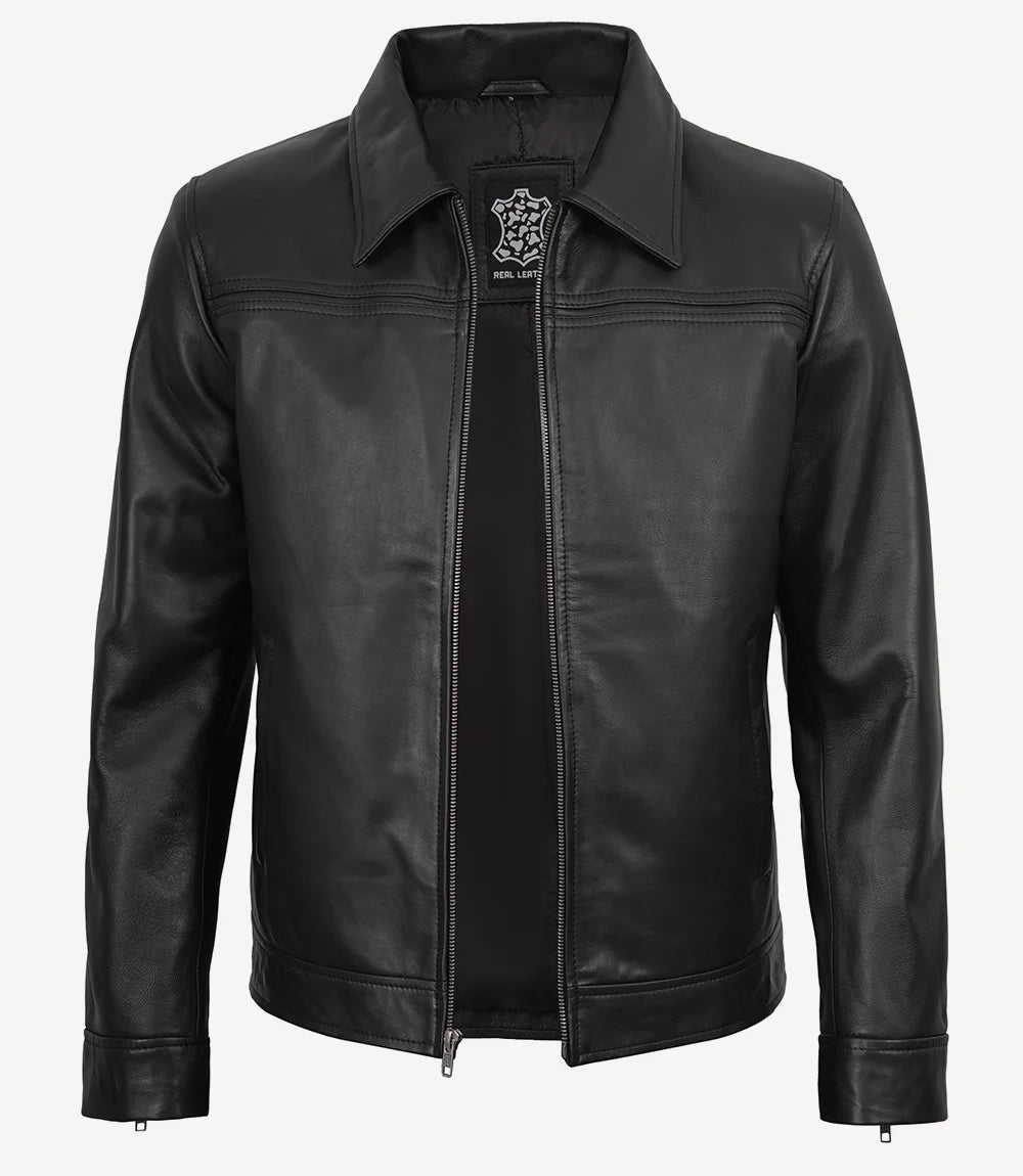 Mark Herrenjacke aus schwarzem Leder mit Hemdkragen