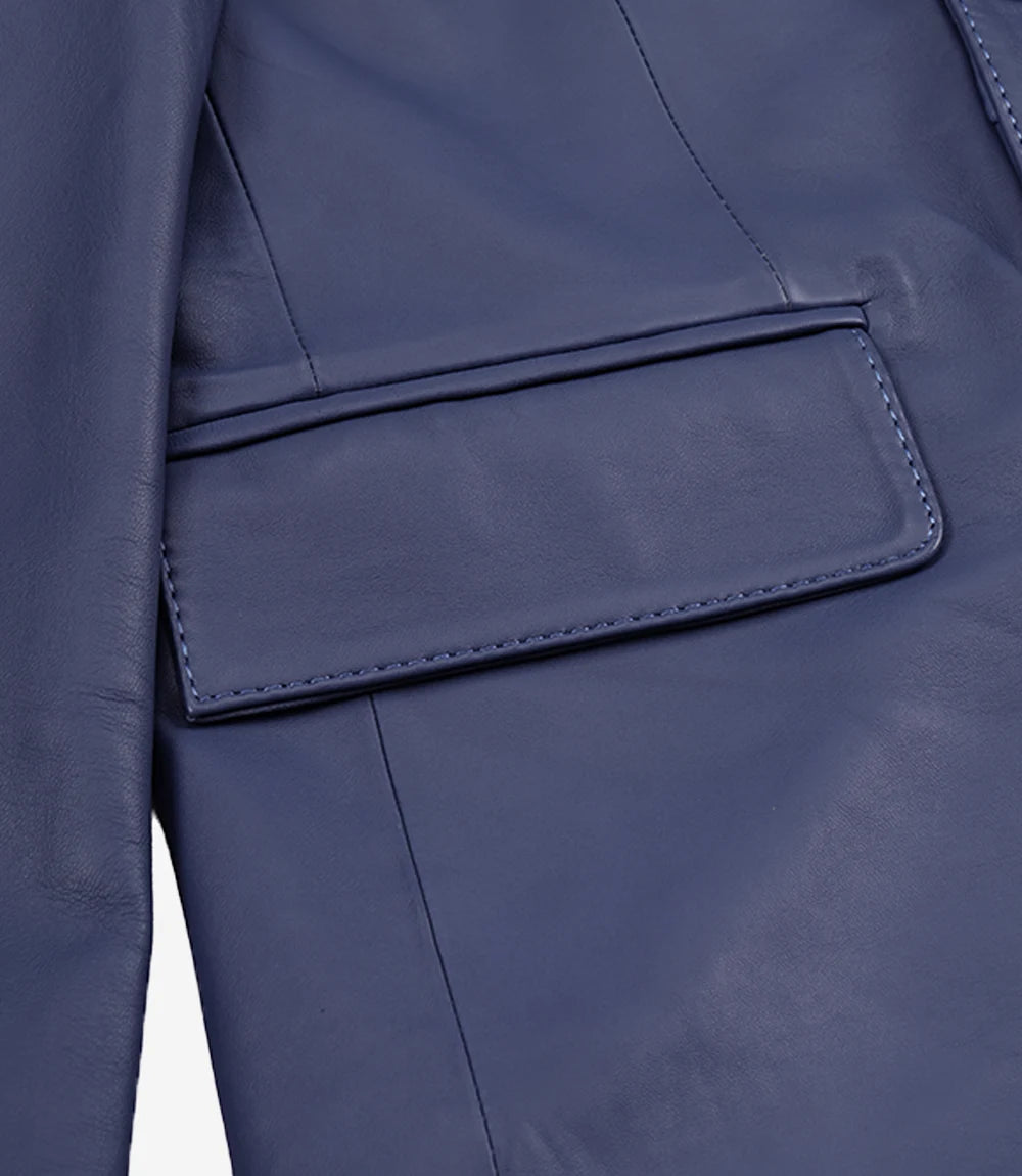 Men's Blue Leather Two-Button Closure Blazer Jacket
