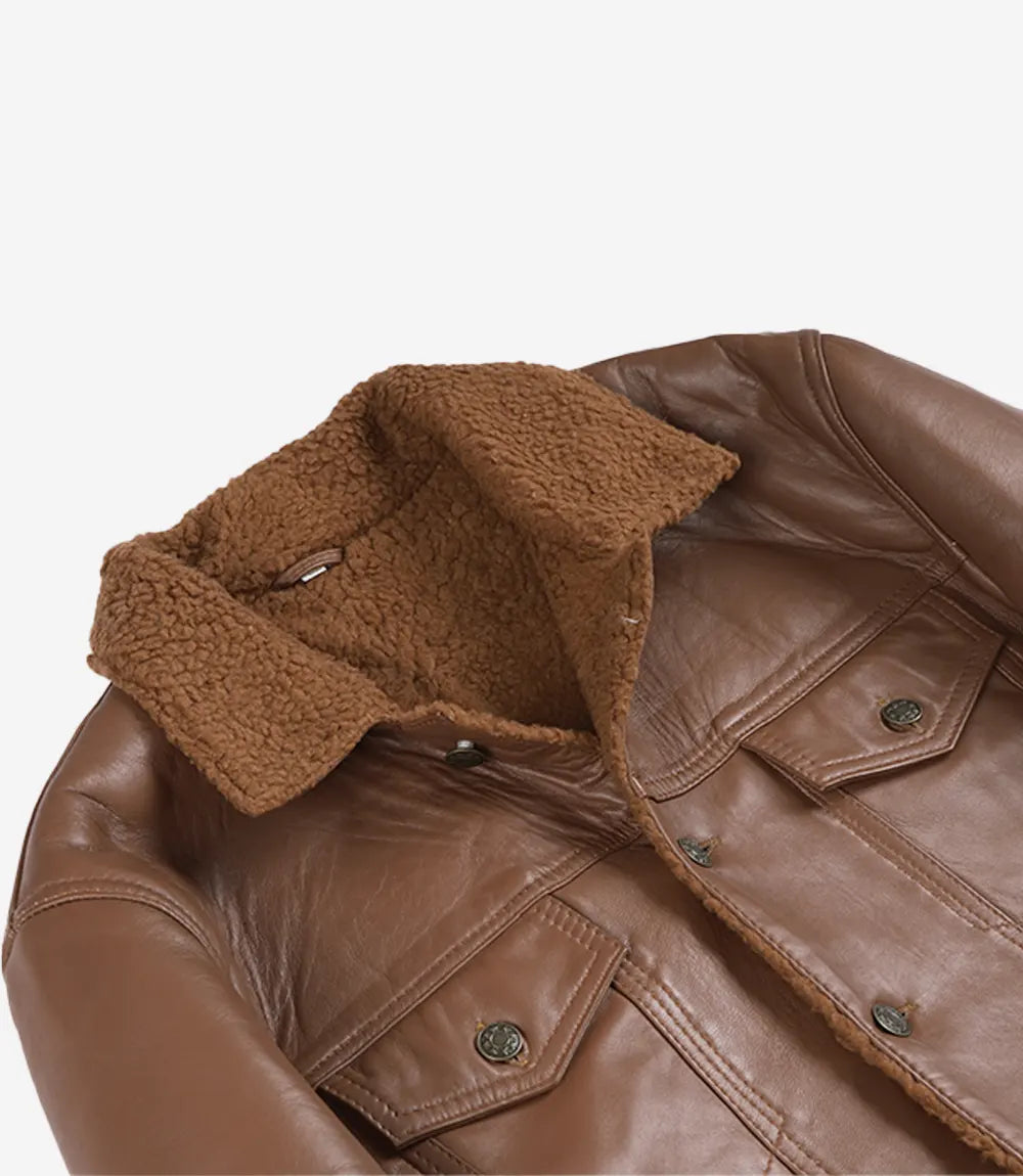 Men's Cognac Brown Real Lambskin Leather Trucker Jacket – Sherpa Lined
