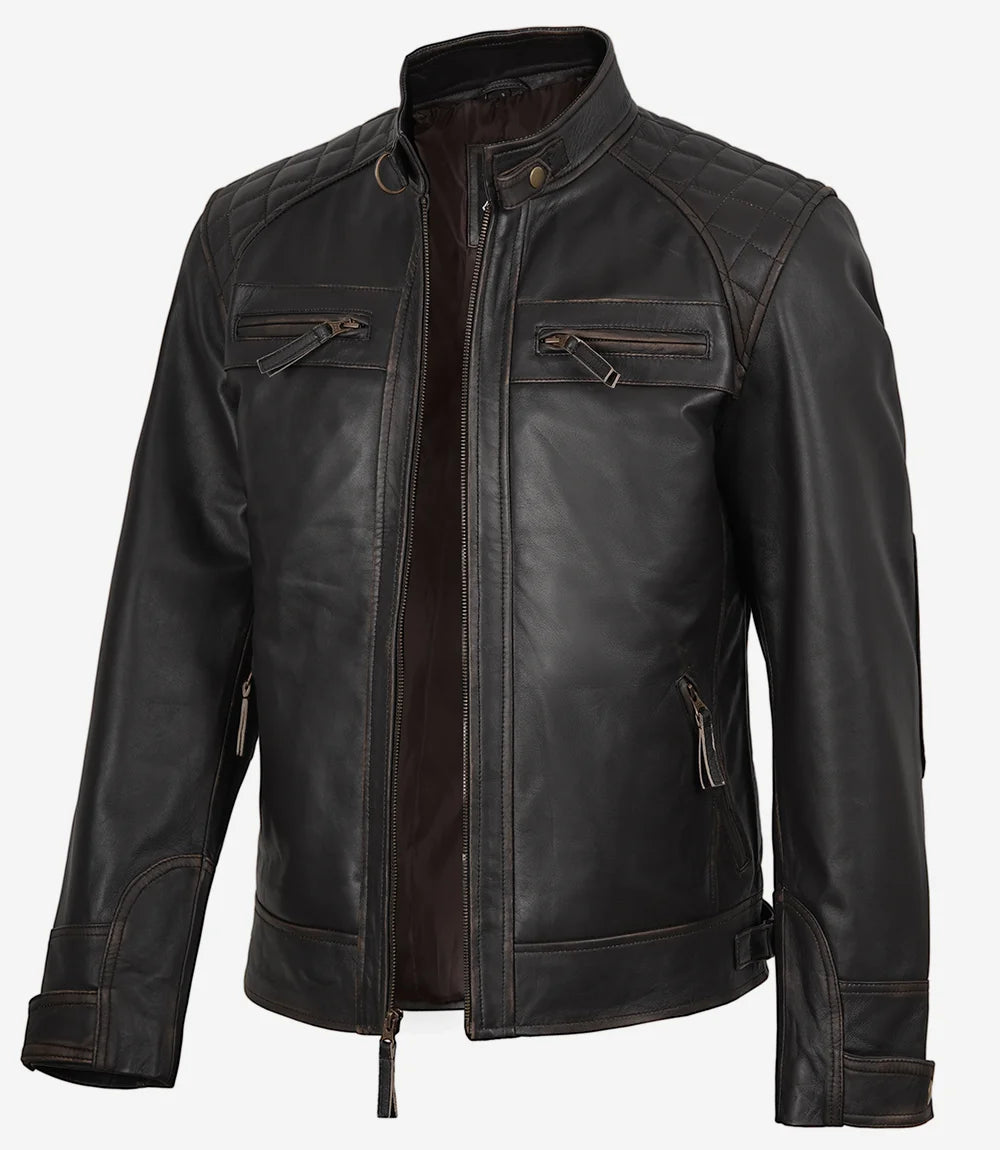 Braune Lederjacke im Used-Look für Herren im Biker-Stil – gesteppte Schulterpartie