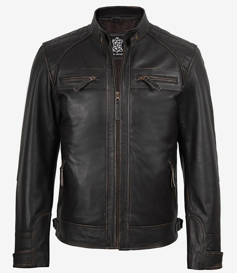 Große Herrenjacke aus braunem Leder im Used-Look im Biker-Stil – gesteppte Schultern