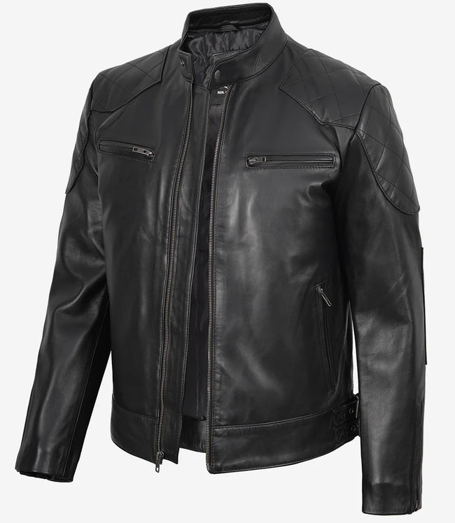 Schwarze Herrenjacke im Biker-Stil aus echtem Leder