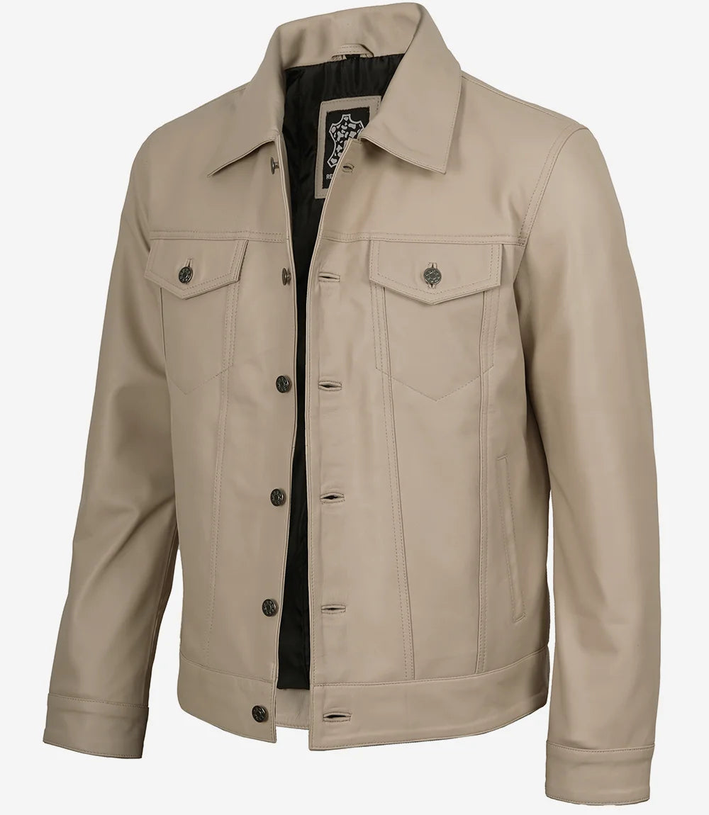 Beige Truckerjacke aus echtem Lammleder für Herren