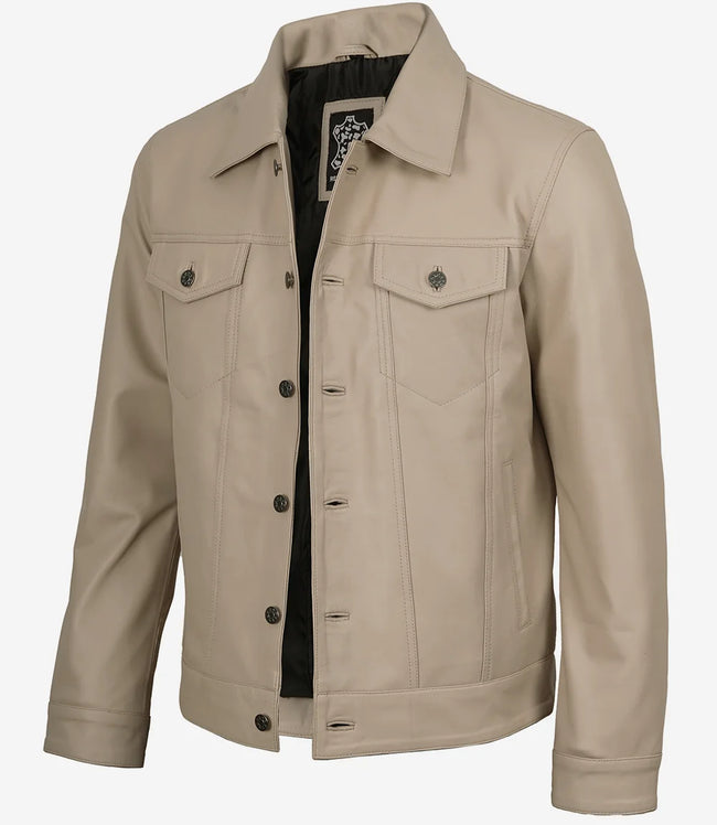 Beige Truckerjacke aus echtem Lammleder für Herren