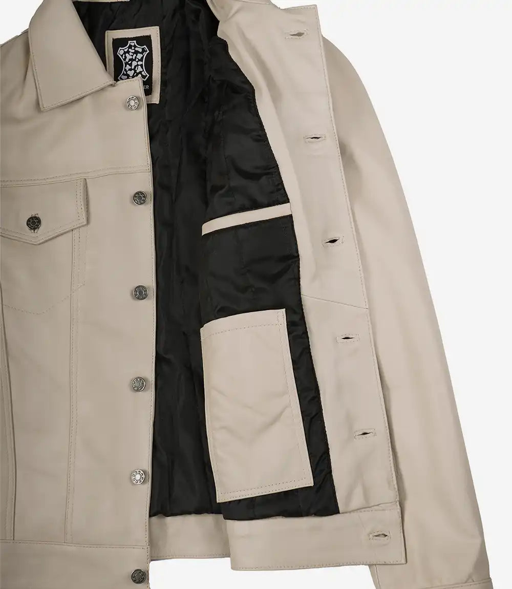Beige Truckerjacke aus echtem Lammleder für Herren