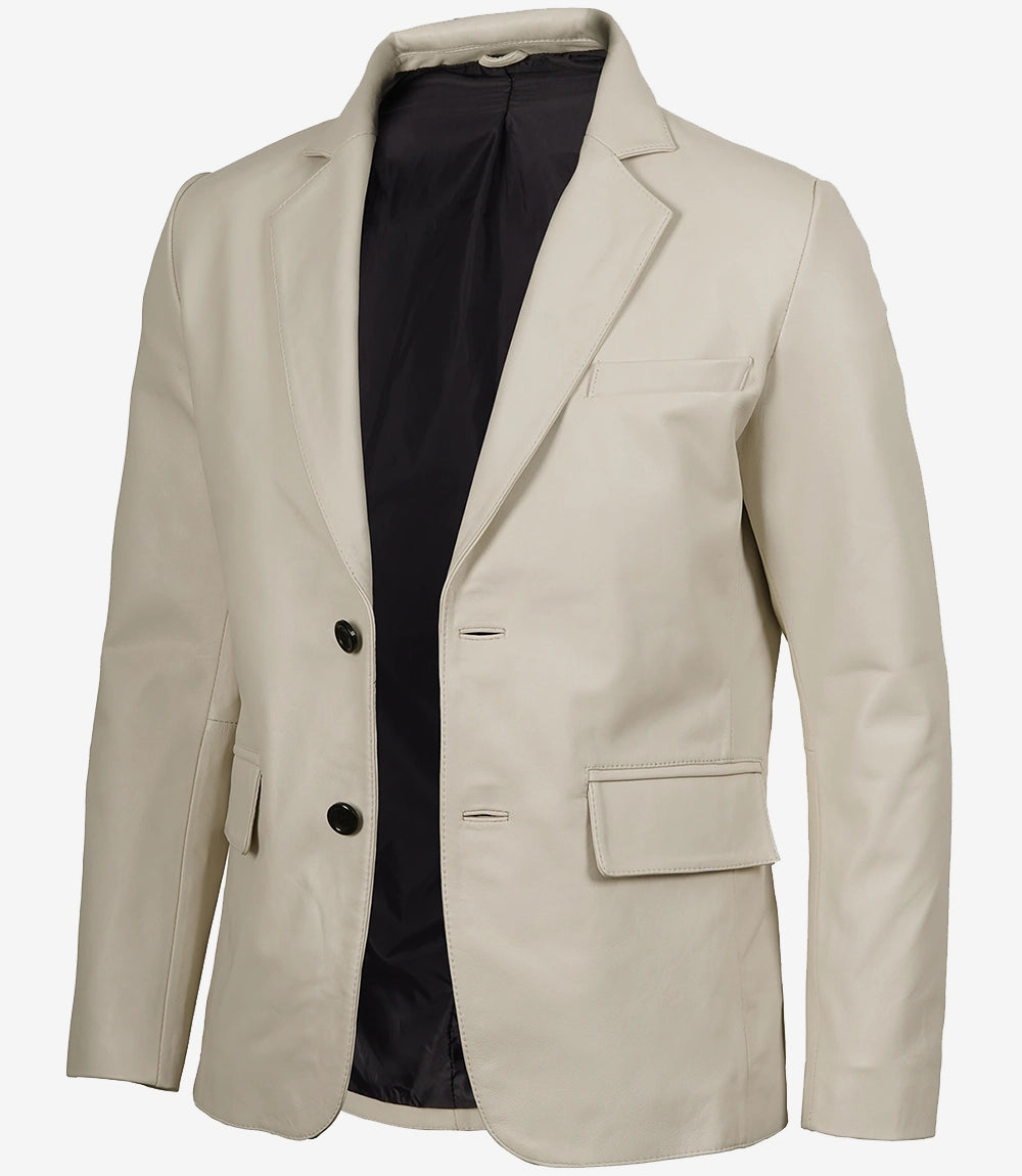 Herren-Lederblazer mit zwei Knöpfen und Revers in Off-White