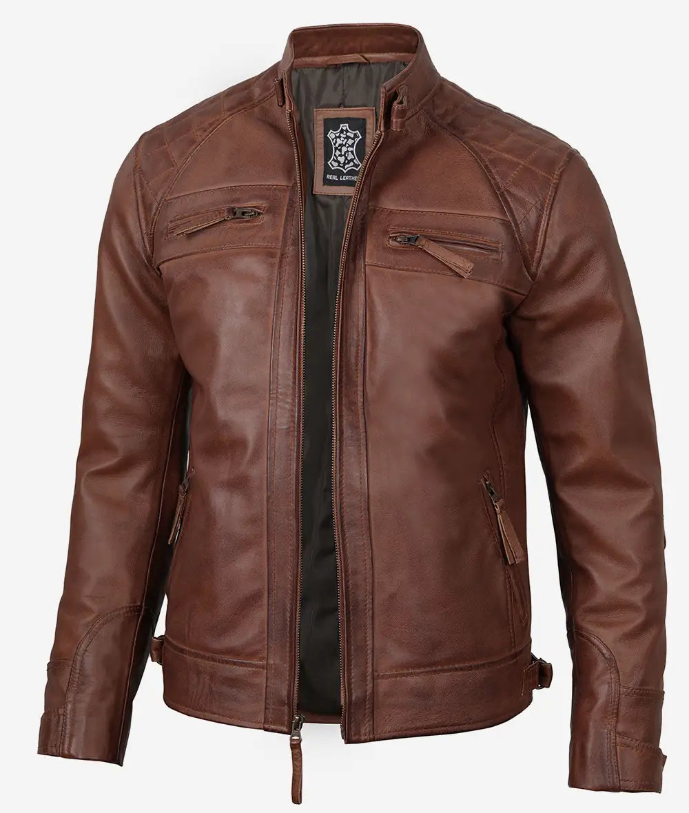 Cognacbraune gesteppte Lederjacke im Biker-Stil für Herren