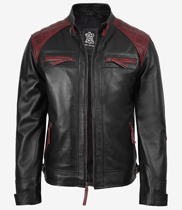 Schwarze und kastanienbraune Lederjacke im Biker-Stil für Herren – gesteppte Schulterpartie