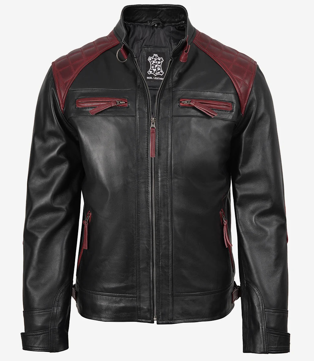 Schwarze und kastanienbraune Lederjacke im Biker-Stil für Herren – gesteppte Schulterpartie
