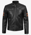 Schwarze Lederjacke im Biker-Stil für Herren mit hellbraunen Armstreifen