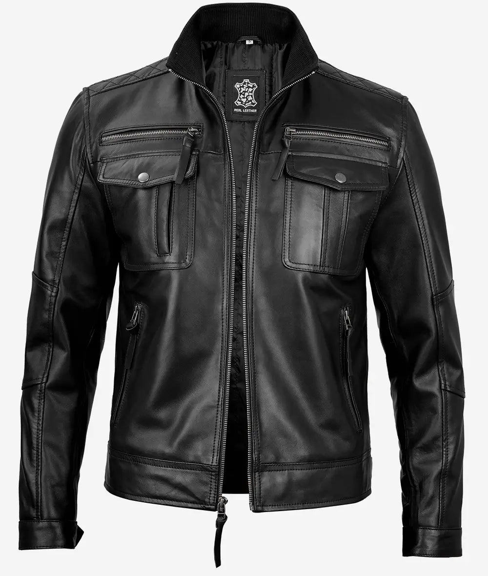 Moffit Black Leather Moto Jacket For Men
