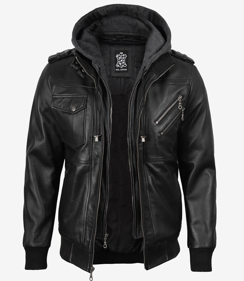 Schwarze Herren-Lederjacke mit abnehmbarer grauer Kapuze