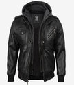 Men's Black Leather Jacket with Grey Removable Hood