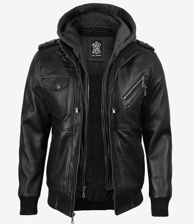 Men's Black Leather Jacket with Grey Removable Hood