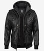 Men's Black Leather Jacket with Grey Removable Hood